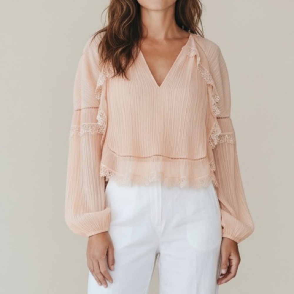 Vintage BCBGMaxazria Peach crinkle pleated Lace Bishop sleeve Sheer blouse